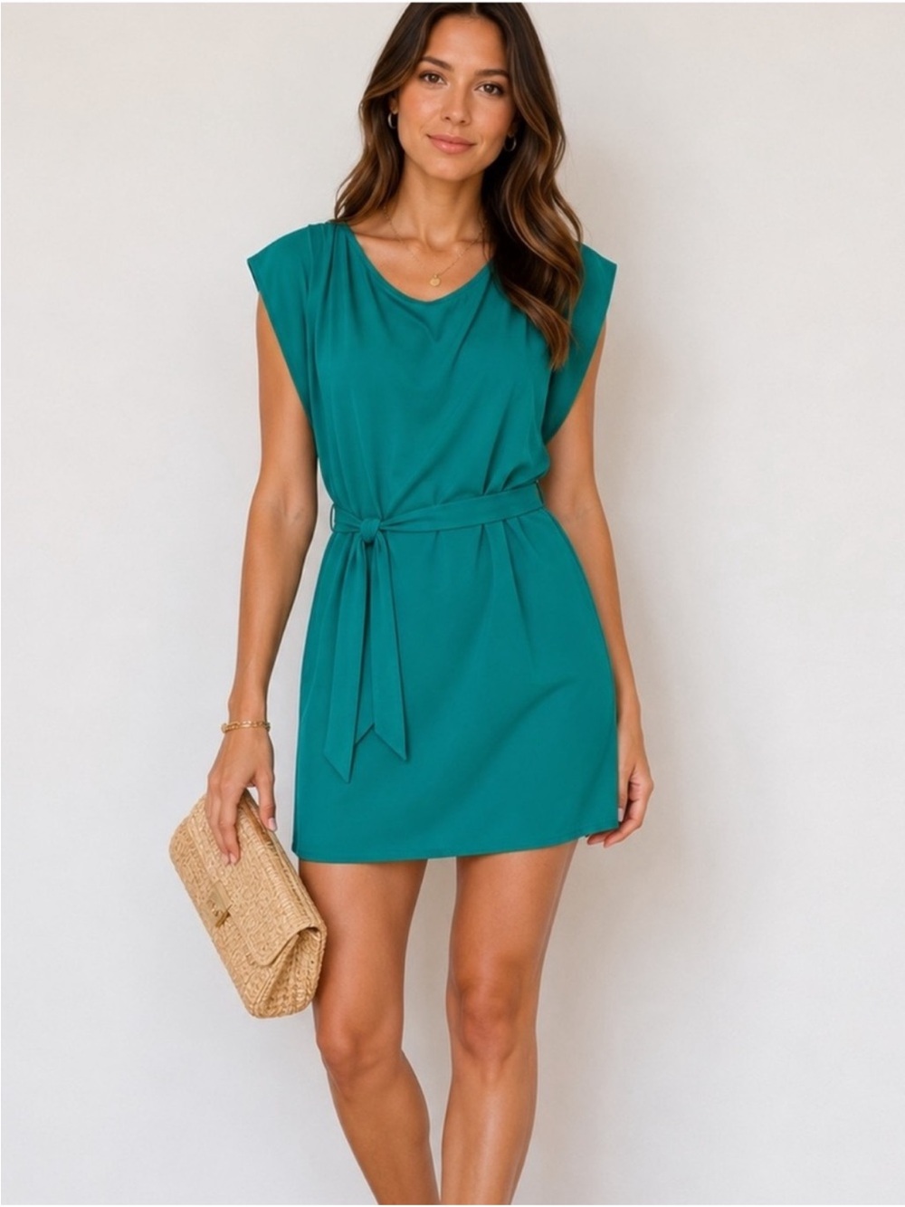 NWOT ASOS Edition Aqua Turquoise Blue Short Sleeve Silky Tie Tunic Mini Dress Be